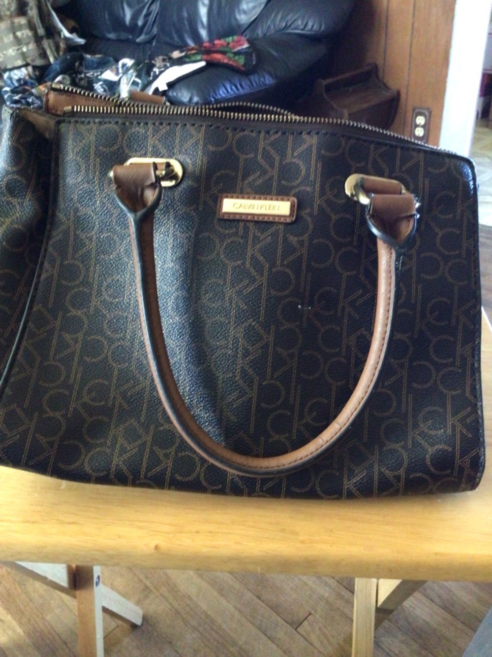 Inspired by Calvin Klein Black Brown Monogram Satchel with Gold Accent